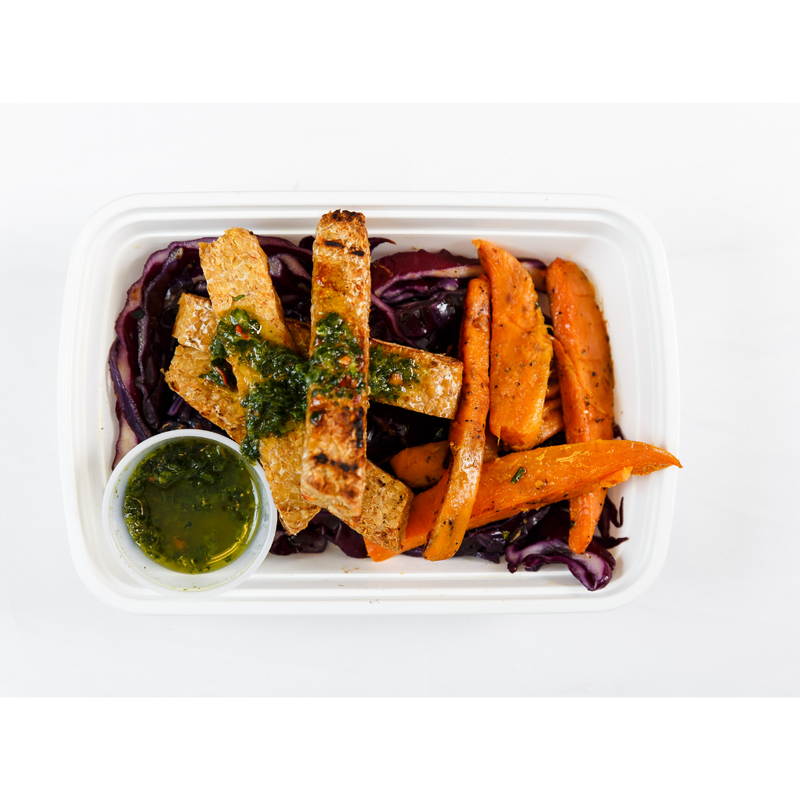 LG 1.5 Chimichurri Tempeh with Sautéed Red Cabbage and Roasted Carrots